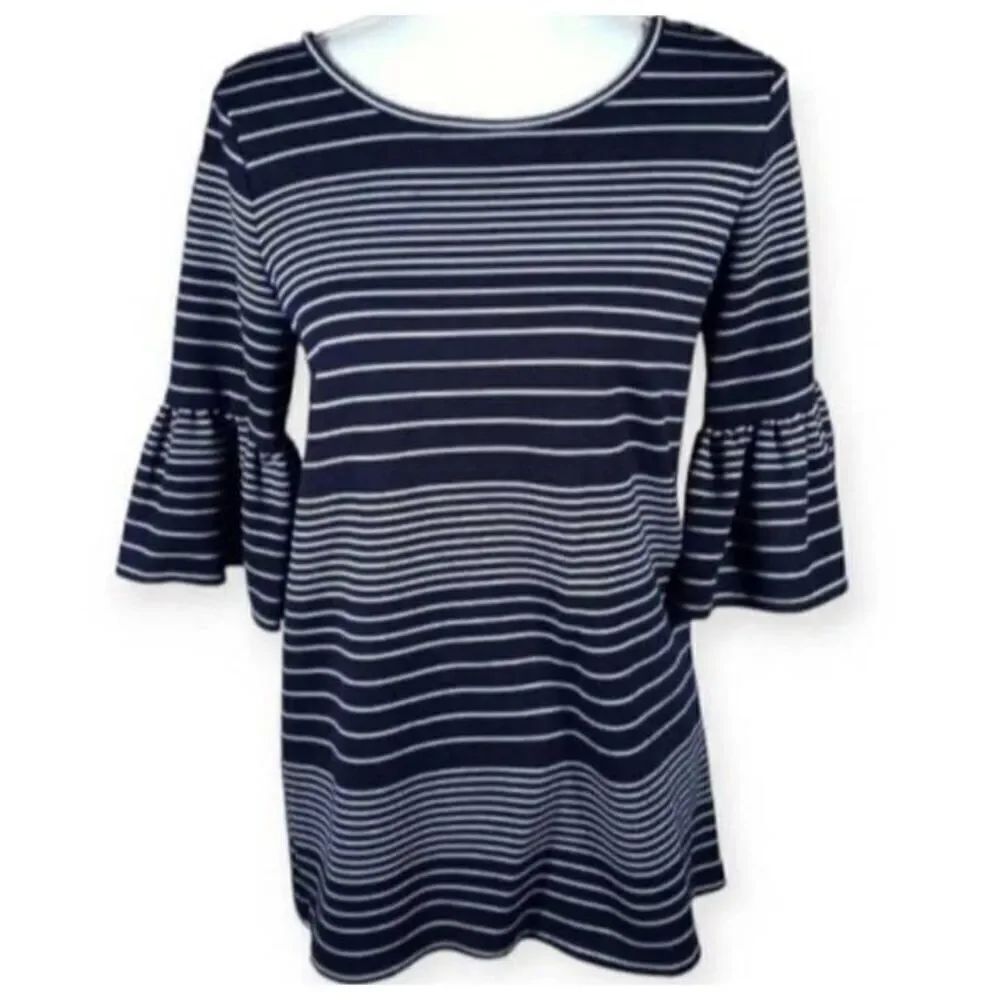 MAX STUDIO NAVY & WHITE STRIPE TOP W/BELL SLEEVES SZ.S EUC. - Picture 2 of 5